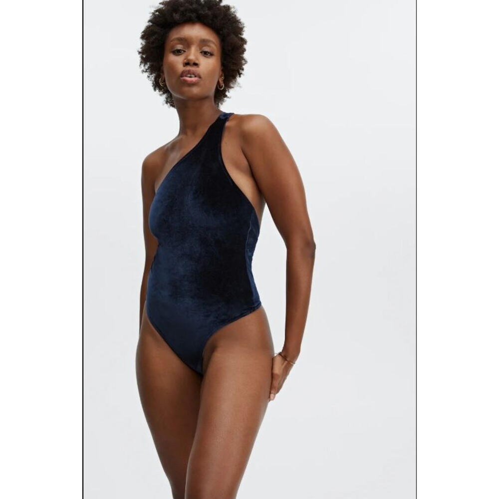 Fabletics Gigi Velour Bodysuit XL Navy Blue Sporty One Shoulder Athleisure Gym